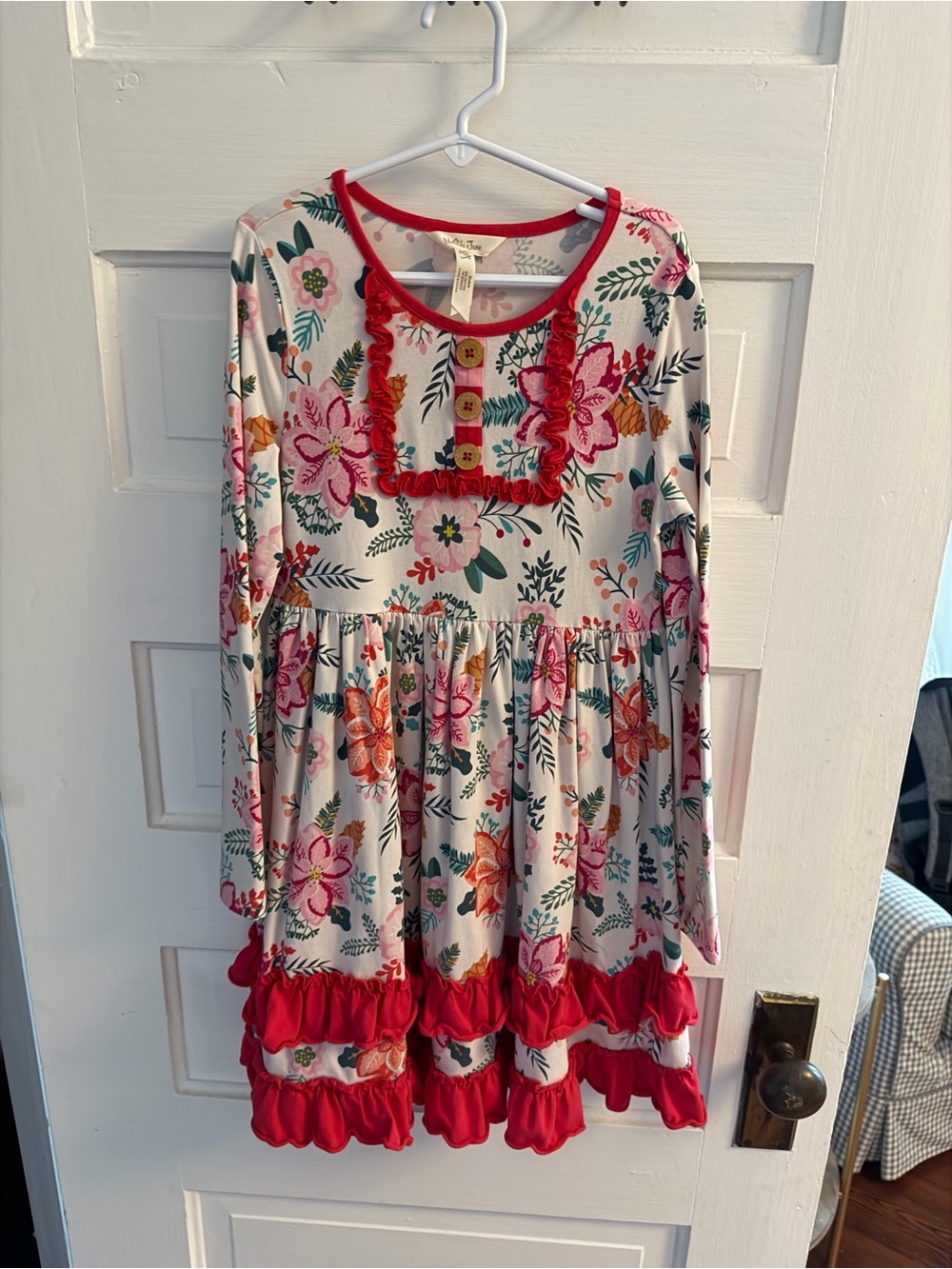 Matilda Jane Cream Floral Ruffle Dress with Red Trim